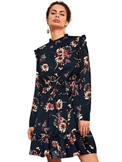 Women's Long Sleeve Ruffle Trim Self Tie Floral Print Short Dress