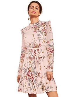 Women's Long Sleeve Ruffle Trim Self Tie Floral Print Short Dress