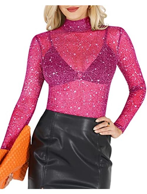 MANGOPOP Women's Long Sleeve/Short Sleeve Glitter Sheer Mesh Tops T Shirt Blouse Clubwear