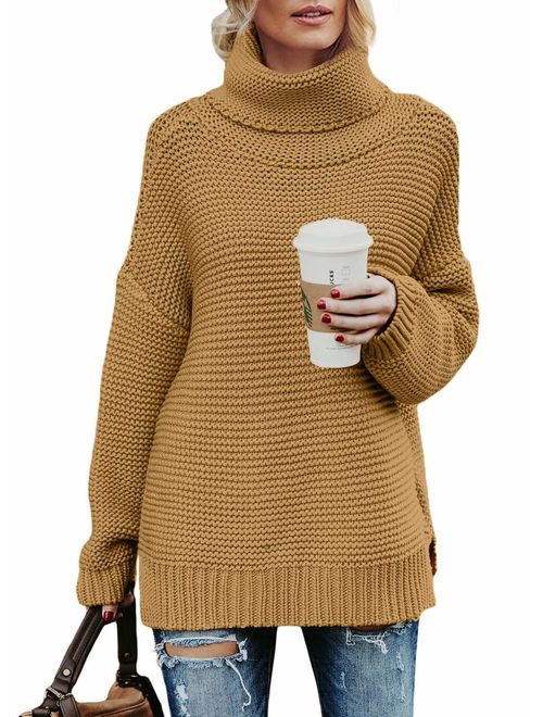 Actloe Women Casual Turtleneck Long Sleeve Chunky Knitted Pullover Sweaters