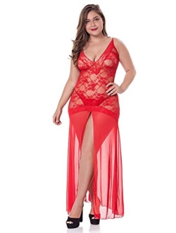 LINGERLOVE Women's Plus Size Lingerie Sexy Split Maxi Long Gown Sheer Dress