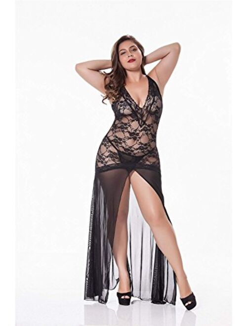 LINGERLOVE Women's Plus Size Lingerie Sexy Split Maxi Long Gown Sheer Dress