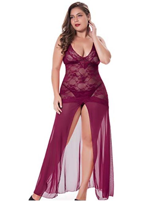 LINGERLOVE Women's Plus Size Lingerie Sexy Split Maxi Long Gown Sheer Dress