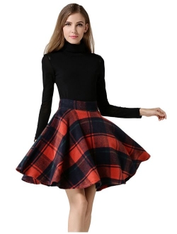 Tanming Women's Casual High Waisted Wool Check Print Plaid A-Line Skirt