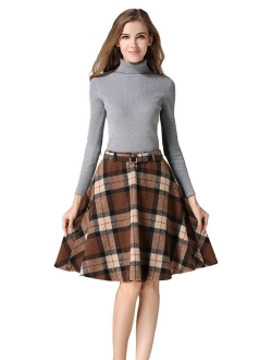 Tanming Women's Casual High Waisted Wool Check Print Plaid A-Line Skirt