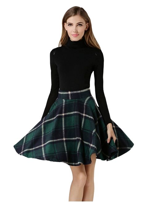 Tanming Women's Casual High Waisted Wool Check Print Plaid A-Line Skirt