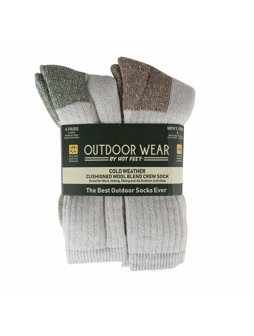 HOT FEET Mens Active Work and Outdoors Socks, Fully Cushioned, Thermal Wool Blend, 4 Pack Warm Reinforced Heel and Toe