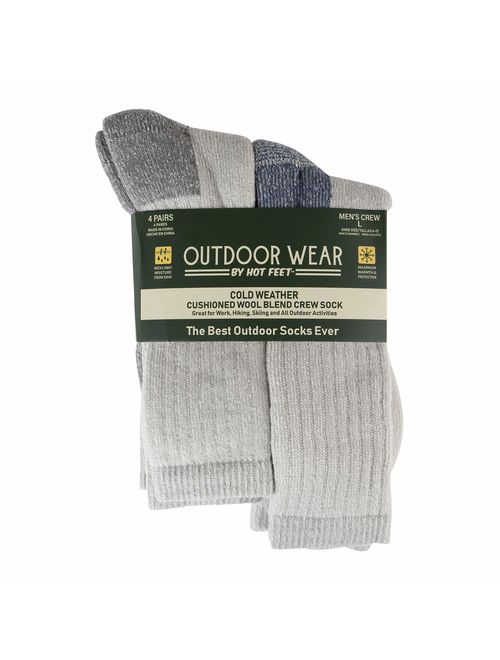 HOT FEET Mens Active Work and Outdoors Socks, Fully Cushioned, Thermal Wool Blend, 4 Pack Warm Reinforced Heel and Toe