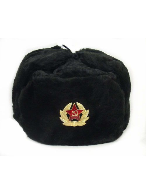 Russian Soviet Army Fur Military Cossack Ushanka Winter Hat (Black, 59(L))