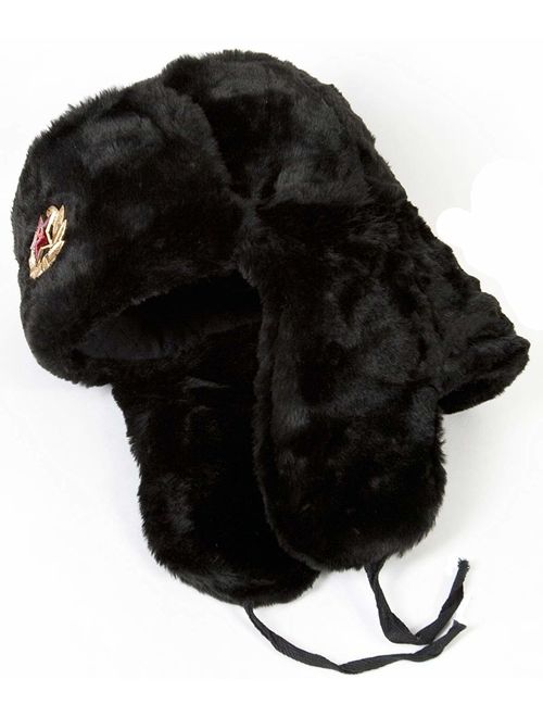 Russian Soviet Army Fur Military Cossack Ushanka Winter Hat (Black, 59(L))