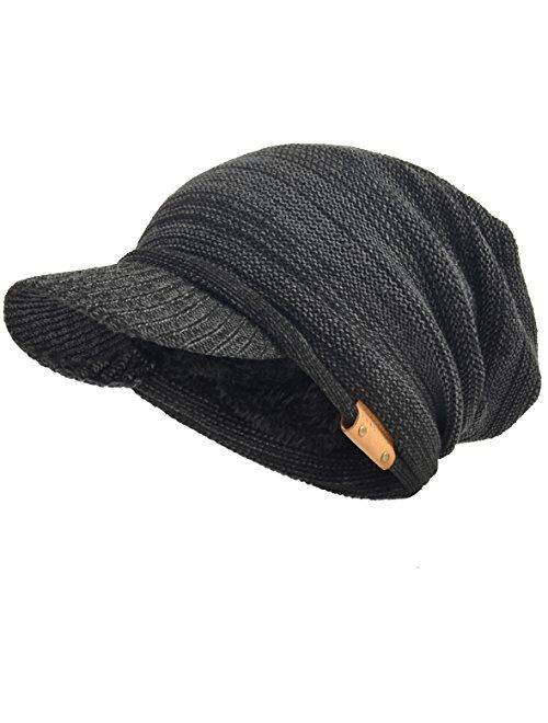 Mens Womens Thick Fleece Lined Knit Newsboy Cap Slouch Beanie Hat with Visor