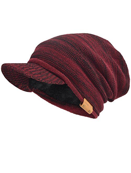 Mens Womens Thick Fleece Lined Knit Newsboy Cap Slouch Beanie Hat with Visor