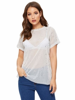 Women's Glitter Sheer See Through Short Sleeve Mesh Top Tee Blouse