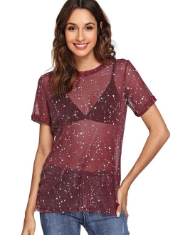 Women's Glitter Sheer See Through Short Sleeve Mesh Top Tee Blouse