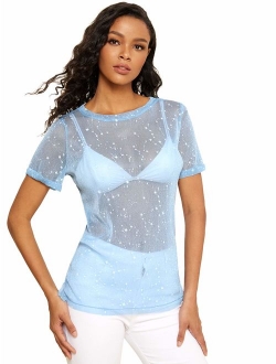 Women's Glitter Sheer See Through Short Sleeve Mesh Top Tee Blouse