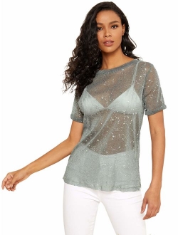 Women's Glitter Sheer See Through Short Sleeve Mesh Top Tee Blouse