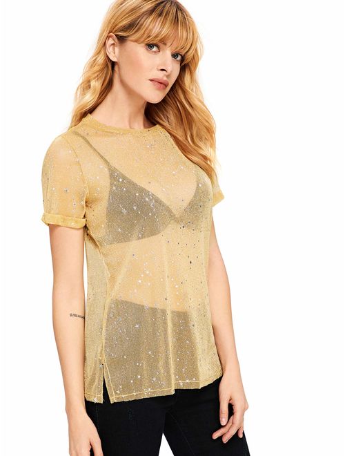 WDIRARA Women's Glitter Sheer See Through Short Sleeve Mesh Top Tee Blouse