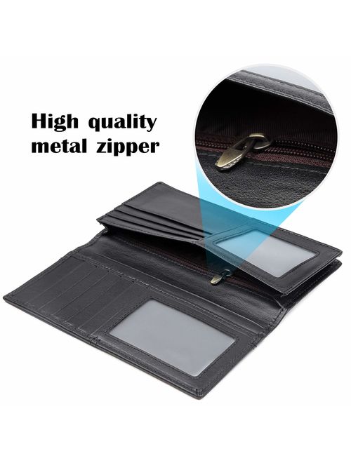 Texbo RFID Blocking Full Grain Leather Vintage Bifold Long ID Cash Card Wallet Holder For Checkbook,Credit Cards