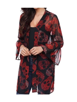 TINHAO Women's Skull Print Sheer Loose Kimono Cardigan Tops Blouse Cover up