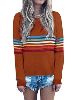 ECOWISH Women's Sweater Rainbow Colorful Striped Sweaters Long Sleeve Crew Neck Color Block Casual Pullover Blouse Tops