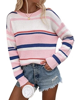 ECOWISH Women's Sweater Rainbow Colorful Striped Sweaters Long Sleeve Crew Neck Color Block Casual Pullover Blouse Tops