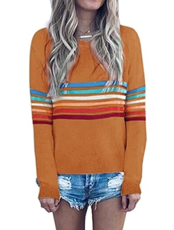 ECOWISH Women's Sweater Rainbow Colorful Striped Sweaters Long Sleeve Crew Neck Color Block Casual Pullover Blouse Tops