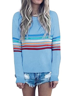 ECOWISH Women's Sweater Rainbow Colorful Striped Sweaters Long Sleeve Crew Neck Color Block Casual Pullover Blouse Tops