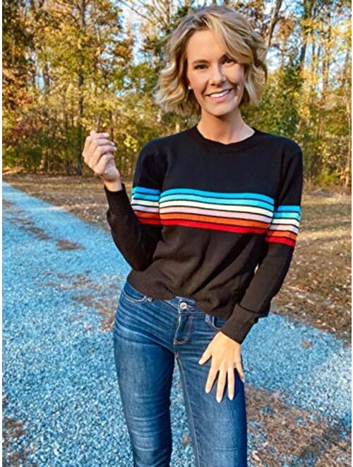 ECOWISH Women's Sweater Rainbow Colorful Striped Sweaters Long Sleeve Crew Neck Color Block Casual Pullover Blouse Tops