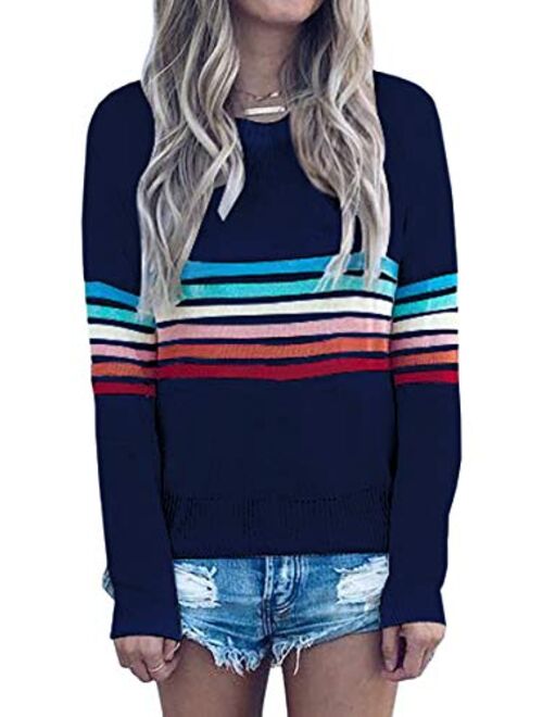 ECOWISH Women's Sweater Rainbow Colorful Striped Sweaters Long Sleeve Crew Neck Color Block Casual Pullover Blouse Tops