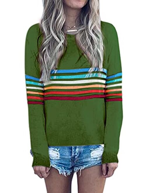 ECOWISH Women's Sweater Rainbow Colorful Striped Sweaters Long Sleeve Crew Neck Color Block Casual Pullover Blouse Tops