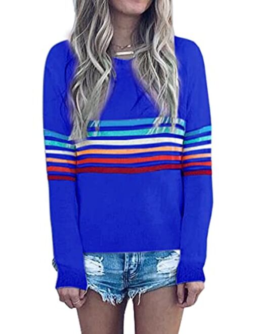 ECOWISH Women's Sweater Rainbow Colorful Striped Sweaters Long Sleeve Crew Neck Color Block Casual Pullover Blouse Tops