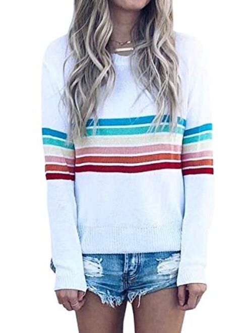 ECOWISH Women's Sweater Rainbow Colorful Striped Sweaters Long Sleeve Crew Neck Color Block Casual Pullover Blouse Tops