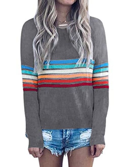 ECOWISH Women's Sweater Rainbow Colorful Striped Sweaters Long Sleeve Crew Neck Color Block Casual Pullover Blouse Tops