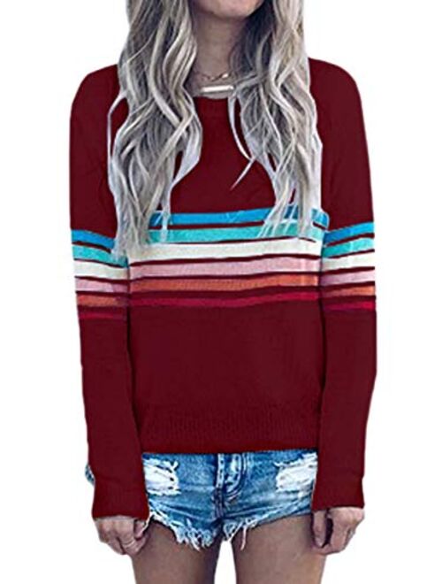 ECOWISH Women's Sweater Rainbow Colorful Striped Sweaters Long Sleeve Crew Neck Color Block Casual Pullover Blouse Tops