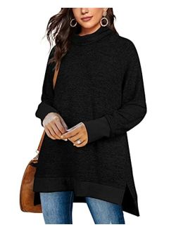 OFEEFAN Women's Turtle Neck Sweatshirts High Low Hem Side Slit