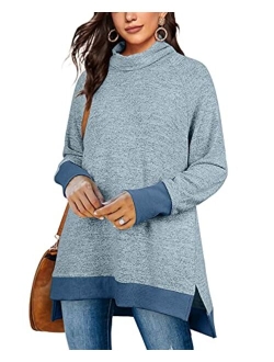 OFEEFAN Women's Turtle Neck Sweatshirts High Low Hem Side Slit