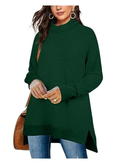 OFEEFAN Women's Turtle Neck Sweatshirts High Low Hem Side Slit