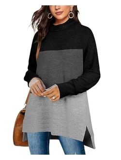 OFEEFAN Women's Turtle Neck Sweatshirts High Low Hem Side Slit