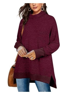 OFEEFAN Women's Turtle Neck Sweatshirts High Low Hem Side Slit