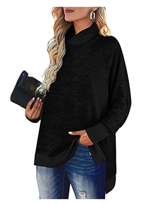 OFEEFAN Women's Turtle Neck Sweatshirts High Low Hem Side Slit