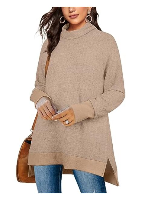 OFEEFAN Women's Turtle Neck Sweatshirts High Low Hem Side Slit