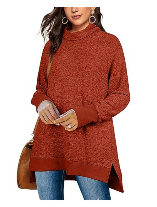 OFEEFAN Women's Turtle Neck Sweatshirts High Low Hem Side Slit