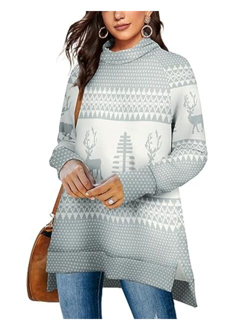 OFEEFAN Women's Turtle Neck Sweatshirts High Low Hem Side Slit