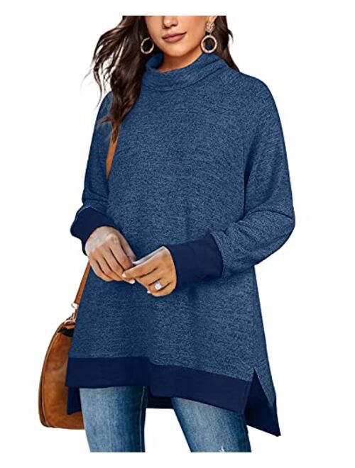 OFEEFAN Women's Turtle Neck Sweatshirts High Low Hem Side Slit