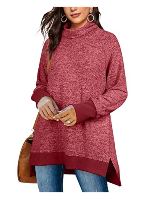 OFEEFAN Women's Turtle Neck Sweatshirts High Low Hem Side Slit