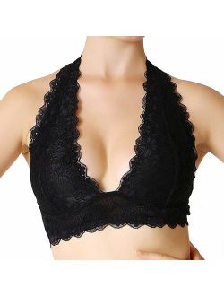 JOJOANS Halter Lace Bralette Unpadded Wireless Sheer Bra Bustier Full Coverage Lingerie