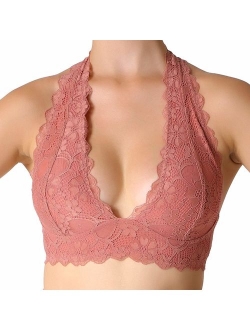 JOJOANS Halter Lace Bralette Unpadded Wireless Sheer Bra Bustier Full Coverage Lingerie