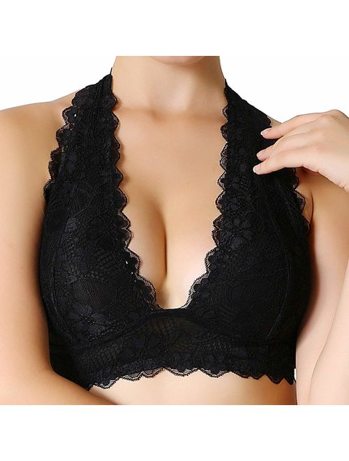 JOJOANS Halter Lace Bralette Unpadded Wireless Sheer Bra Bustier Full Coverage Lingerie