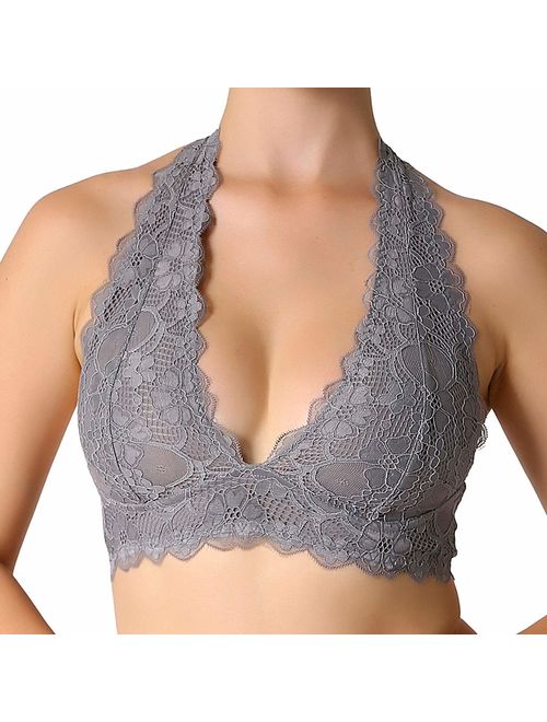 JOJOANS Halter Lace Bralette Unpadded Wireless Sheer Bra Bustier Full Coverage Lingerie