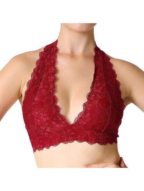 JOJOANS Halter Lace Bralette Unpadded Wireless Sheer Bra Bustier Full Coverage Lingerie